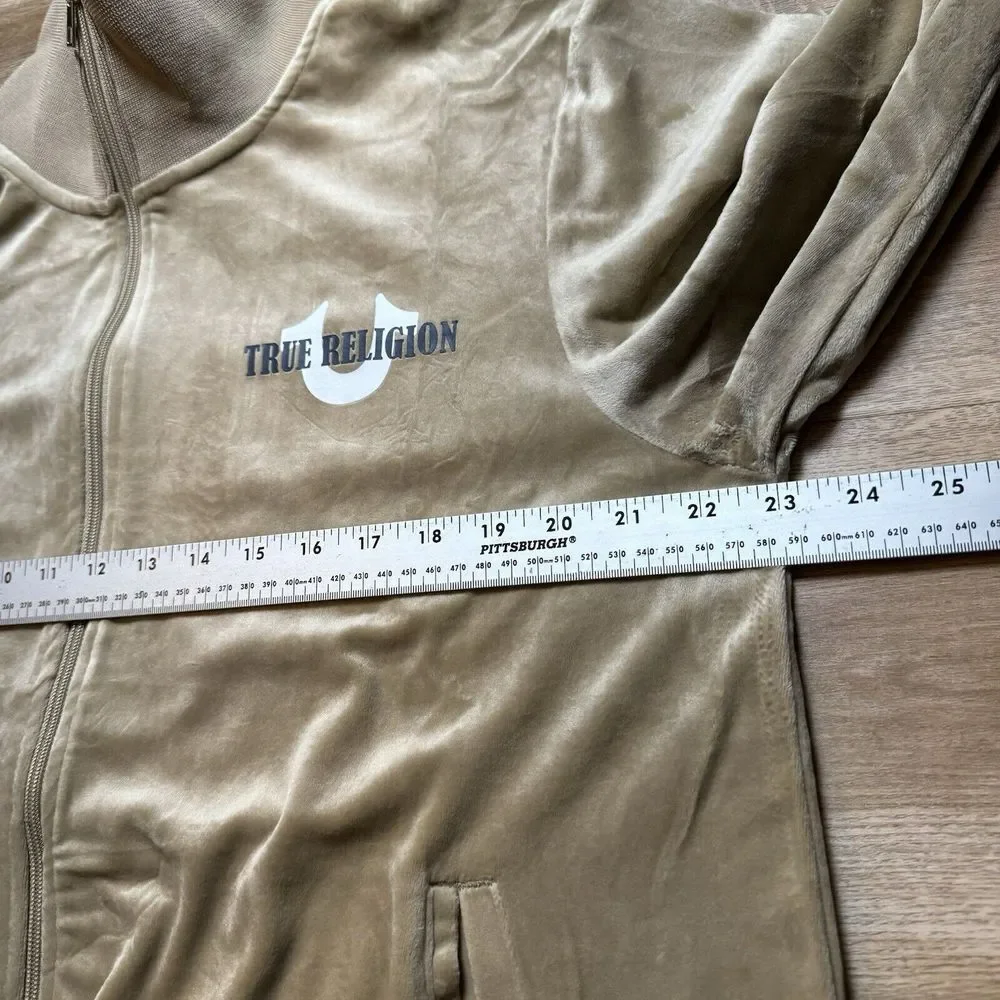 True Religion Tour Jacket Men's Large Tan Track Velour Travertine Full‎ Zip NWT